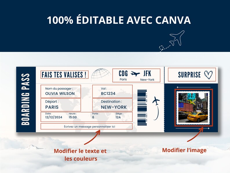 Modèle modifiable de carte d'embarquement, billet d'avion personnalisé imprimable, carte d'embarquement Canva, Idée cadeau voyage français image 3