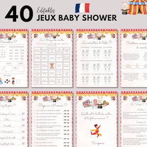 Printable Editable Circus Baby Shower Games - 40 Baby Shower Games - French Baby Shower Activities Pack - French Baby Prediction