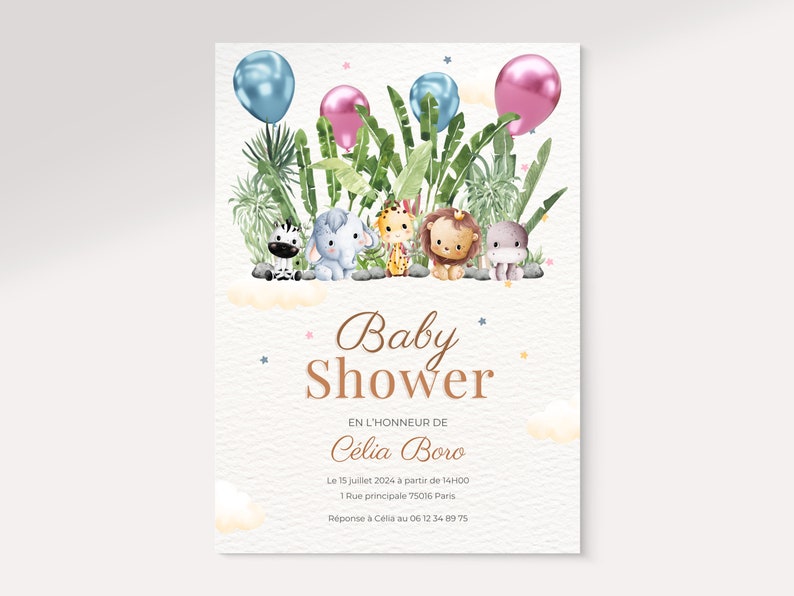 Pu&ograve; includere: Un invito per un baby shower a tema giungla. L'invito presenta un'illustrazione ad acquerello di una zebra, un elefante, una giraffa, un leone e un ippopotamo circondati da foglie verdi e palloncini blu e rosa. Il testo sull'invito recita "Baby Shower" e "En l'honneur de Celia Boro".