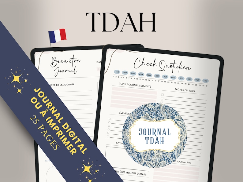 Journal TDAH en français, planificateur PDF imprimable A4 et A5, agenda, bien-être, adulte, organisation pour personne neuroatypique, TSA image 1