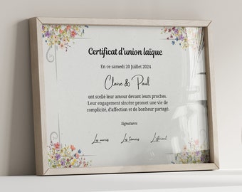 Certificat d'union laïque, personnalisable, mariage, cérémonie laïque, 6 modèle au choix