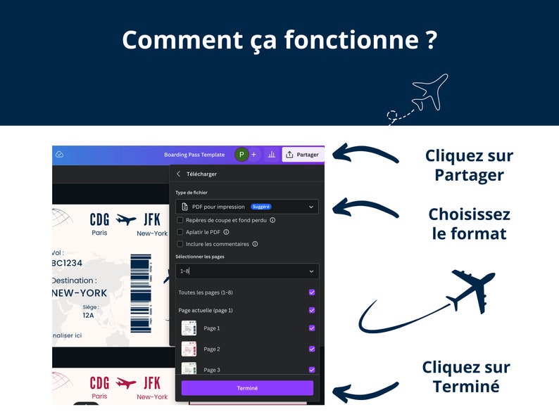 Modèle modifiable de carte d'embarquement, billet d'avion personnalisé imprimable, carte d'embarquement Canva, Idée cadeau voyage français image 6