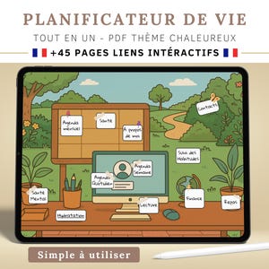 Puede incluir: Un planificador digital en la pantalla de una tableta con un tema de color cálido. El planificador está dividido en secciones para la planificación diaria, semanal y mensual, así como para la salud, las finanzas, etc. La tableta está rodeada por una ilustración de dibujos animados de una escena de naturaleza con árboles, flores y un camino.