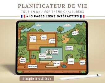 May include: A digital planner on a tablet screen with a warm color theme. The planner is divided into sections for daily, weekly, and monthly planning, as well as health, finances, and more. The tablet is surrounded by a cartoon illustration of a nature scene with trees, flowers, and a path.