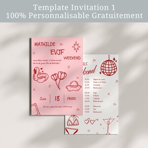 Pode incluir: Um convite rosa e vermelho para um fim de semana de despedida de solteira. O convite inclui o nome Mathilde, a data 18 de junho e a hora 19:00. O convite tamb&eacute;m inclui uma lista de atividades para o fim de semana, incluindo ioga, cer&acirc;mica, coquet&eacute;is e um spa.