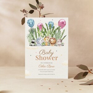 Pu&ograve; includere: Un invito a un baby shower a tema giungla. L'invito presenta un'illustrazione ad acquerello di una zebra, un elefante, una giraffa, un leone e un ippopotamo. Il testo sull'invito recita "Baby Shower en l'honneur de Celia Boro Le 15 juillet 2024 &agrave; partir de 14h00 1 Rue principale 75010 Paris R&eacute;pondre &agrave; Celia au 06 12 34 56 78"
