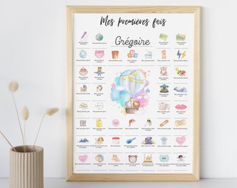 Affiche "Mes Premières Fois" à Tamponner - Coffret Naissance (affiche 30x40cm + Cadre + Tampon) - Cadeau Personnalisé Bébé