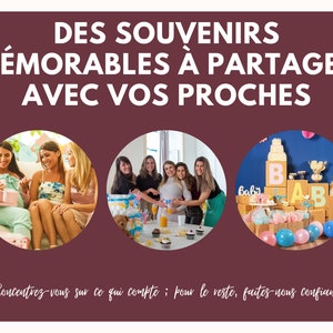 May include: Three photos of a baby shower celebration. The first photo shows three women sitting on a couch, opening gifts. The second photo shows a group of women standing around a table with food and drinks. The third photo shows a table decorated with blue and pink balloons, a cake, and wooden blocks that spell out "BABY".