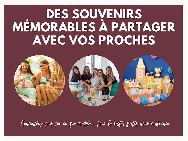 May include: Three photos of a baby shower celebration. The first photo shows three women sitting on a couch, opening gifts. The second photo shows a group of women standing around a table with food and drinks. The third photo shows a table decorated with blue and pink balloons, a cake, and wooden blocks that spell out "BABY".
