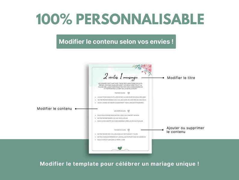 May include: A printable template for a wedding game called "2 Truths 1 Lie". The template features a floral design with pink and green accents. The text on the template reads "2 Truths 1 Lie" and includes instructions for playing the game. The template is customizable and can be used to create a unique wedding game.