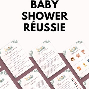 May include: A set of printable baby shower games with a jungle animal theme. The games include "Who Knows Mommy Best?", "Baby Animal Match", "Guess the Baby Food", and "True or False".
