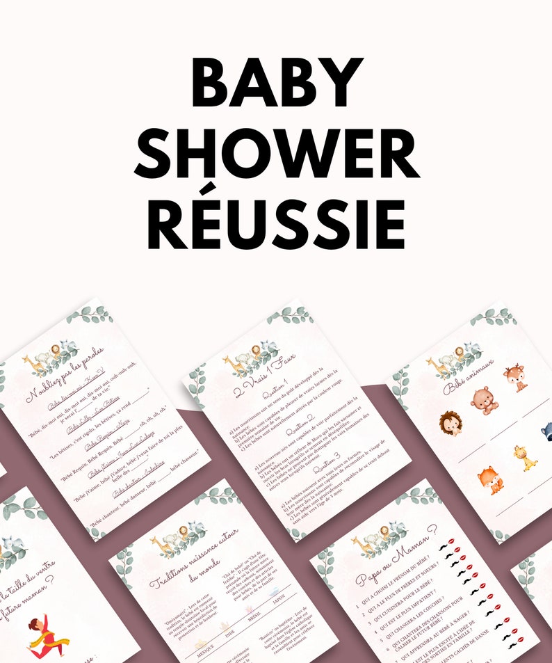 May include: A set of printable baby shower games with a jungle animal theme. The games include "Who Knows Mommy Best?", "Baby Animal Match", "Guess the Baby Food", and "True or False".