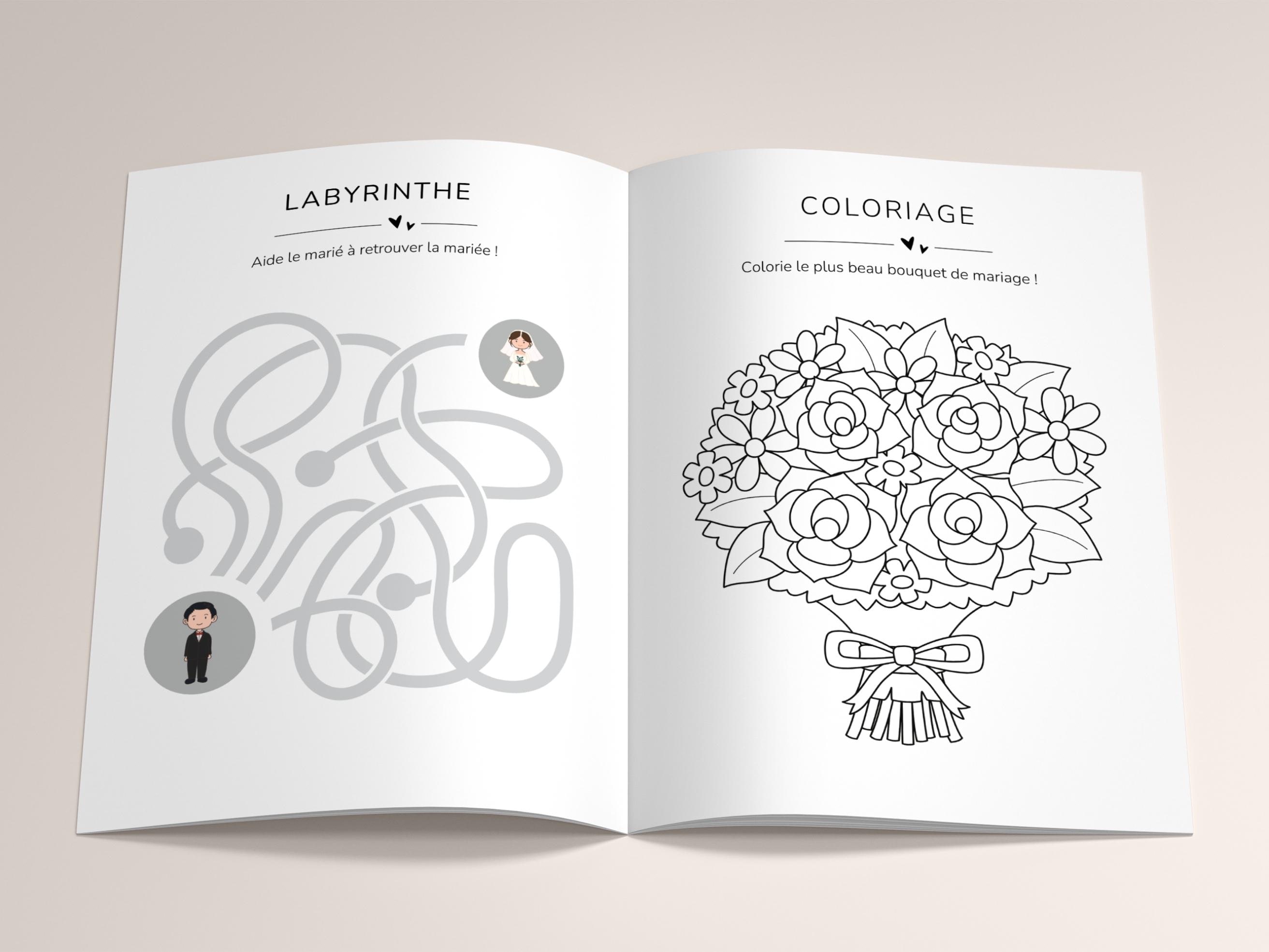 Livret activité enfant mariage à personnaliser Canva - Rose Fleuri - Coloriage PDF