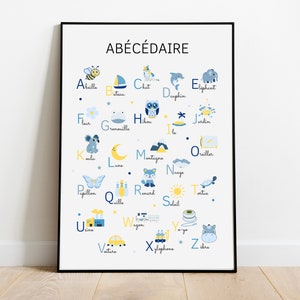 Blue Abecedaire - Children&#39;s room decoration poster - Educational poster to learn the alphabet