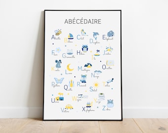 Abécédaire Bleu - Affiche décoration chambre enfant - Poster éducatif pour apprendre l'alphabet