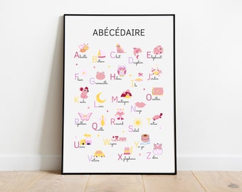 Abécédaire Rose - Affiche décoration chambre enfant - Poster éducatif pour apprendre l'alphabet