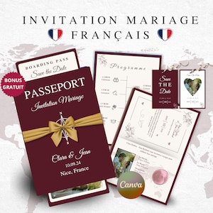Faire-part de mariage passeport français, Mariage carte d'embarquement passeport imprimable, Faire-part de mariage sur le thème du voyage
