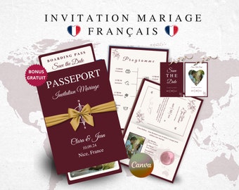 Invitación de boda de pasaporte francés, boda de tarjeta de embarque de pasaporte imprimible, invitación de boda temática de viaje