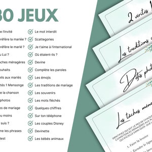May include: A checklist of 30 game ideas for a wedding shower or bridal party. The games include activities like "Find the Invite", "Complete the Lyrics", and "Guess the Baby Animal".