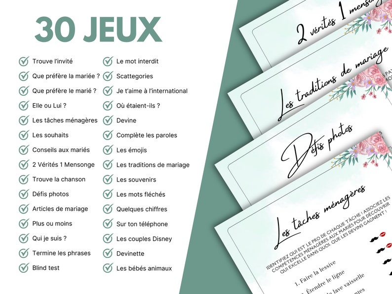 May include: A checklist of 30 game ideas for a wedding shower or bridal party. The games include activities like "Find the Invite", "Complete the Lyrics", and "Guess the Baby Animal".