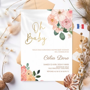 Invitation Baby Shower thème fleural à imprimer - Template Éditables - Baby Shower en français - Faire part Baby Shower - Français