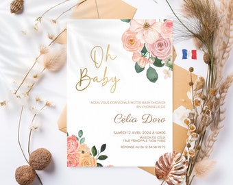Invito per baby shower a tema floreale da stampare - Modello modificabile - Baby shower in francese - Invito per baby shower - Francese