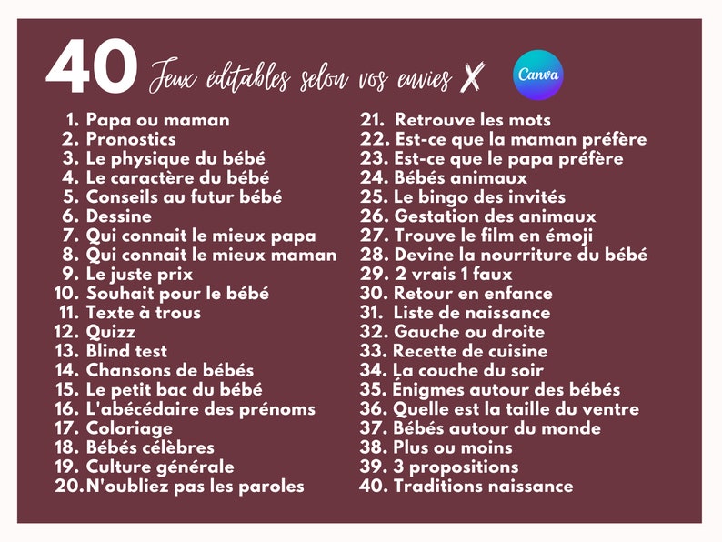 May include: A list of 40 game ideas for a baby shower, written in French. The list includes games like "Who knows the dad best?" and "Guess the baby food".