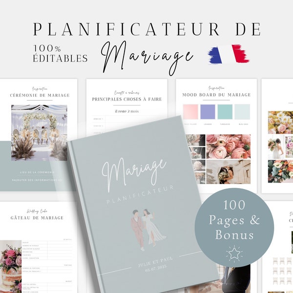 Planificateur mariage français, organisateur de mariage Canva, agenda mariage digital, agenda planning mariage, wedding planner en français