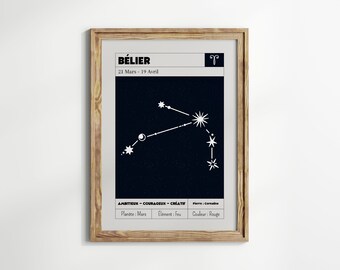 Póster de la constelación de Aries | Cartel del signo del zodíaco | Idea de regalo de astrología | Decoración de pared de astrología | Cartel del zodiaco
