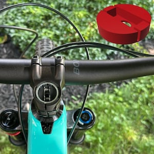 May include: A close-up view of a teal mountain bike handlebar with black grips and a black stem. The handlebars have the word "BOXX" printed on the right side. The bike is outdoors with green grass and brown mulch in the background.