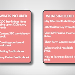 Op de afbeelding: Twee digitale displays met roze achtergronden en zwarte randen. De displays tonen bronnen voor Etsy-verkopers, waaronder listing-idee&euml;n, SEO-werkbladen en e-books over branding, verkeer en online winst. Het tweede display toont een 10k/maand-uitdaging, prompts en gidsen.