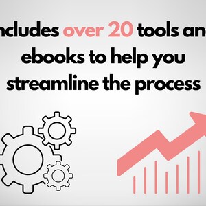 Op de afbeelding: Afbeelding met de tekst "Bevat meer dan 20 tools en e-books om u te helpen het proces te stroomlijnen." De afbeelding bevat ook zwarte tandwielpictogrammen en een roze pijl die omhoog wijst.