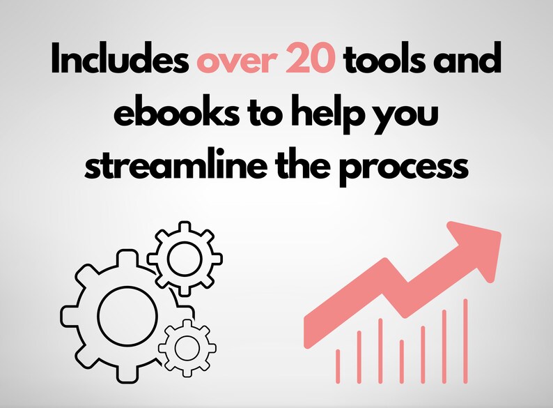 Op de afbeelding: Afbeelding met de tekst "Bevat meer dan 20 tools en e-books om u te helpen het proces te stroomlijnen." De afbeelding bevat ook zwarte tandwielpictogrammen en een roze pijl die omhoog wijst.