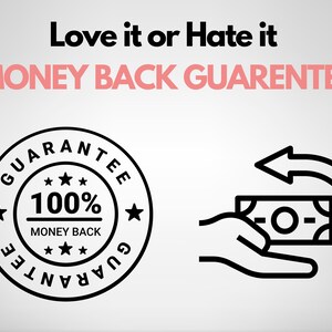 Op de afbeelding: Afbeelding met de tekst "Love it or Hate it MONEY BACK GUARANTEE". Bevat een cirkelvormige badge met "GARANTIE" rond de rand en "100% GELD TERUG" in het midden. Ook een hand die geld teruggeeft met een pijl.