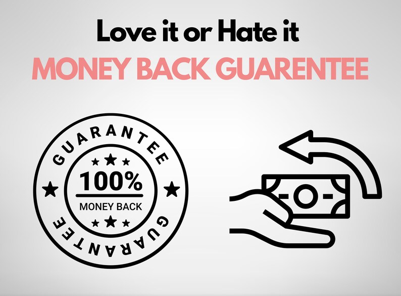 Op de afbeelding: Afbeelding met de tekst "Love it or Hate it MONEY BACK GUARANTEE". Bevat een cirkelvormige badge met "GARANTIE" rond de rand en "100% GELD TERUG" in het midden. Ook een hand die geld teruggeeft met een pijl.