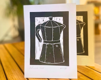 Picture "Black Gold" Bialetti coffee pot coffee machine, café, linocut Lino Cut A5 gift for coffee lovers, kitchen decoration, Coffee