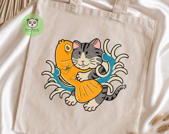 Japanese Cute Cat Hug Fish Cake Tote Bag Japanese Godzilla Eco Tote Bag Aesthetic Y2K Gift Organic Bag