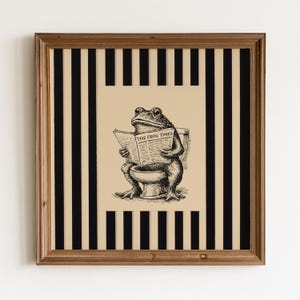 May include: A square framed print featuring a black and white ink illustration of a frog sitting on a toilet reading a newspaper titled THE FROG TIMES. The background behind the central illustration consists of vertical black and beige stripes.