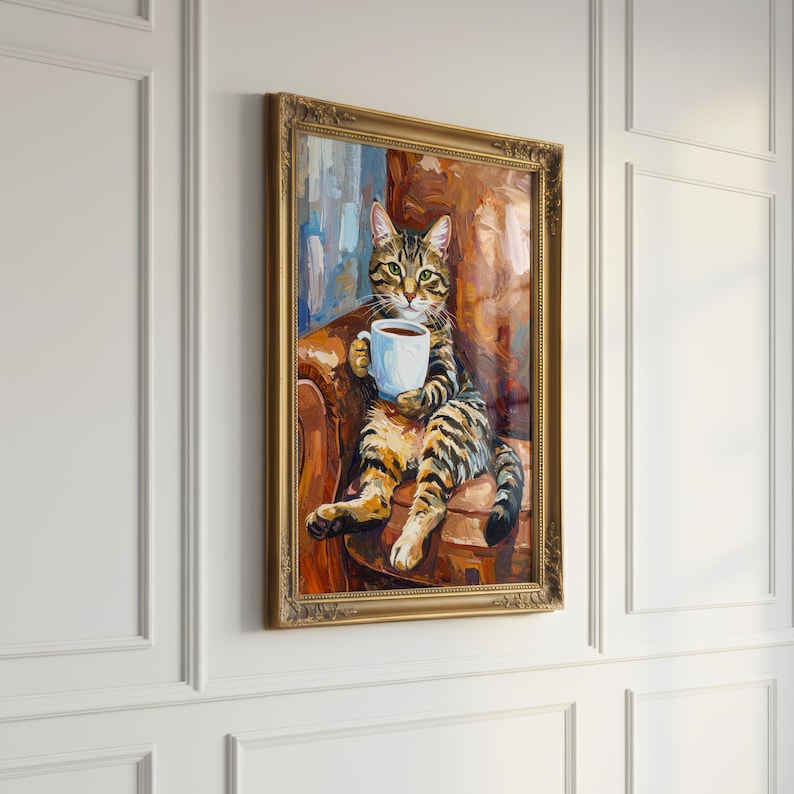 Textured Tabby Cat Oil Painting Print, Funny Tabby Cat Print, Oil Painting Style Portrait, Tabby Cat Drinking Coffee, Cat Owner Canvas Gift image 3