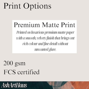 May include: Image showing "Print Options" and details about "Premium Matte Print." The text describes the paper as luxurious with a smooth, velvety finish. Additional text includes "200 gsm" and "FCS certified."
