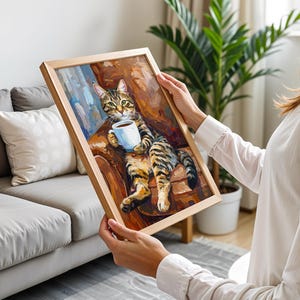 Textured Tabby Cat Oil Painting Print, Funny Tabby Cat Print, Oil Painting Style Portrait, Tabby Cat Drinking Coffee, Cat Owner Canvas Gift image 5