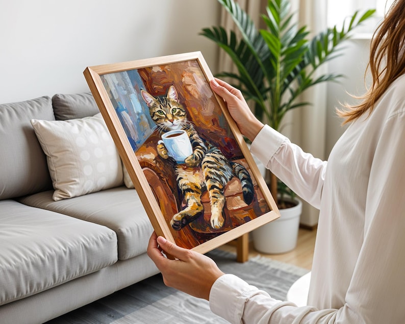 Textured Tabby Cat Oil Painting Print, Funny Tabby Cat Print, Oil Painting Style Portrait, Tabby Cat Drinking Coffee, Cat Owner Canvas Gift image 5