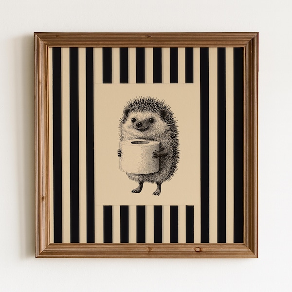 Vintage Hedgehog Holding Toilet Roll Print with Striped Border for Funny Bathroom Decor