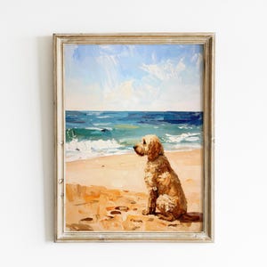 Labradoodle på stranden oljemålning tryck för kusthund väggdekor