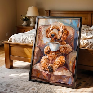 May include: Framed art print depicting a golden doodle dog seated in a chair, holding a coffee cup. The dog has brown fur and is painted in an impressionistic style. The artwork is displayed in a bedroom setting.