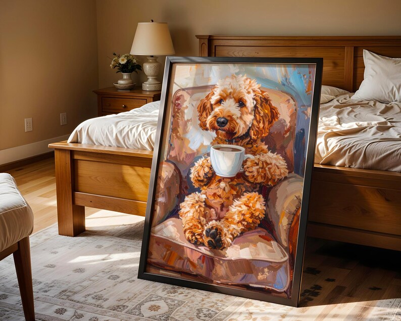May include: Framed art print depicting a golden doodle dog seated in a chair, holding a coffee cup. The dog has brown fur and is painted in an impressionistic style. The artwork is displayed in a bedroom setting.