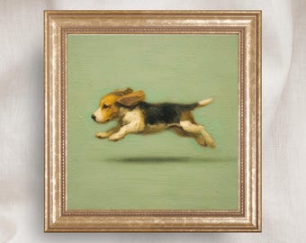 Beagle Dog With Zoomies Oil Painting Print, Playful Dog Wall Art, Rustic Pet Art, Farmhouse Dog Decor, Dog Lover Gift, Running Dog Poster