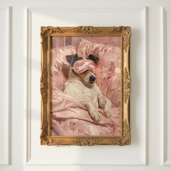Grafika ścienna z Jack Russell Terrierem – Portret psa w stylu vintage, olejny | Jack Russell Terrier w satynowej masce do spania | Uroczy różowy wystrój sypialni