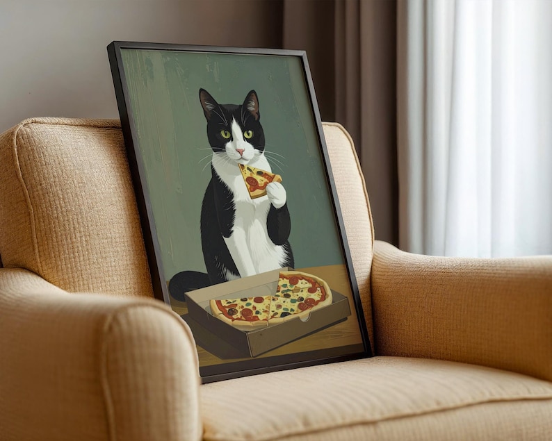 May include: Framed art print featuring a tuxedo cat enjoying a slice of pizza. The cat, with black and white fur, is holding a pizza slice. A pizza box with more pizza slices is in front of the cat. The background is a muted green.