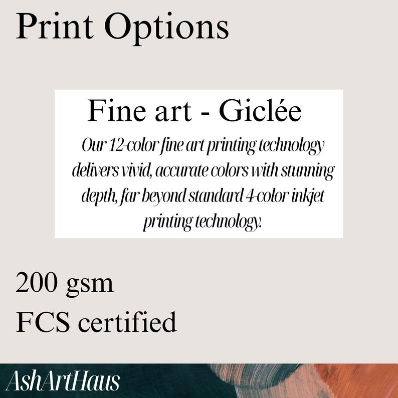 May include: Text on a light beige background reads "Print Options." Below, a white rectangle contains text about "Fine art - Gicl&eacute;e" and 12-color printing technology. Additional text states "200 gsm" and "FCS certified."